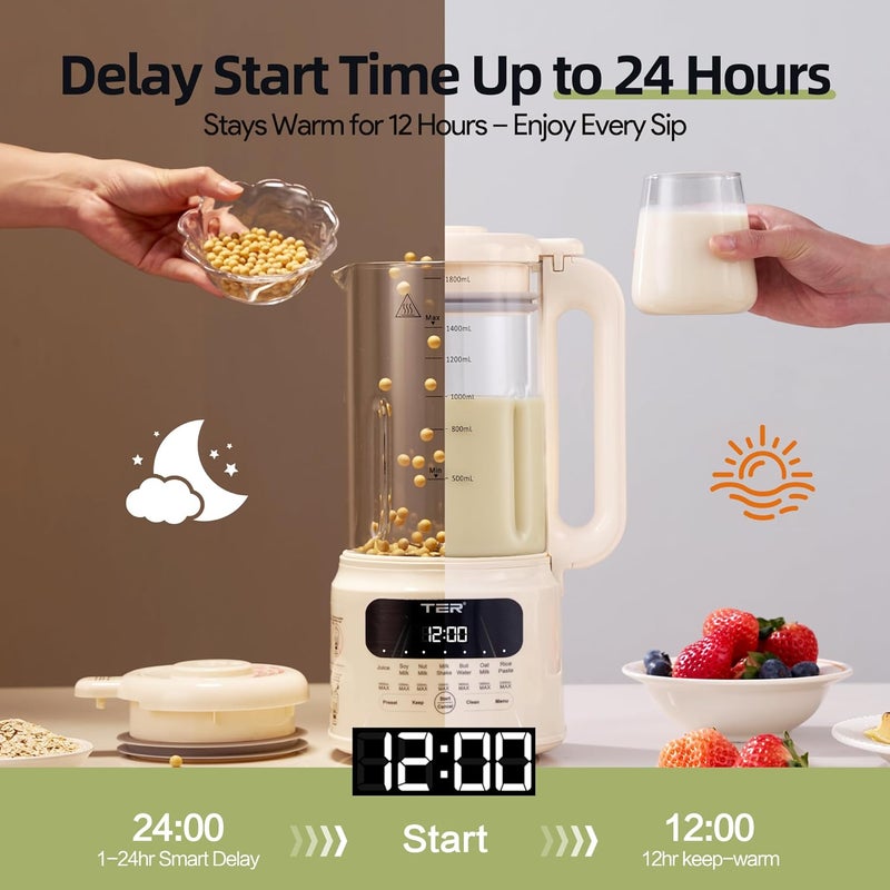 TER Nut Milk Maker Machine, 10-in-1 Soy Milk Maker for Almond/Oat/Soy Milk, Juice, Milkshake, Rice Paste, Auto Clean/24H Preset Time/12H Keep Warm, with 7 Accessories, Beige - Image 5